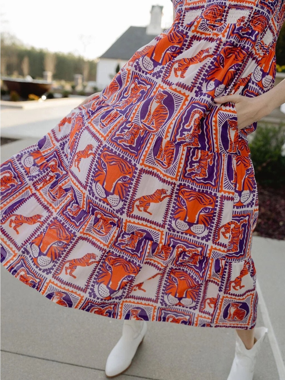 Tiger Game Day Maxi Dress | Orange & Purple Smocked V Neck with Pockets - Picture 3 of 9